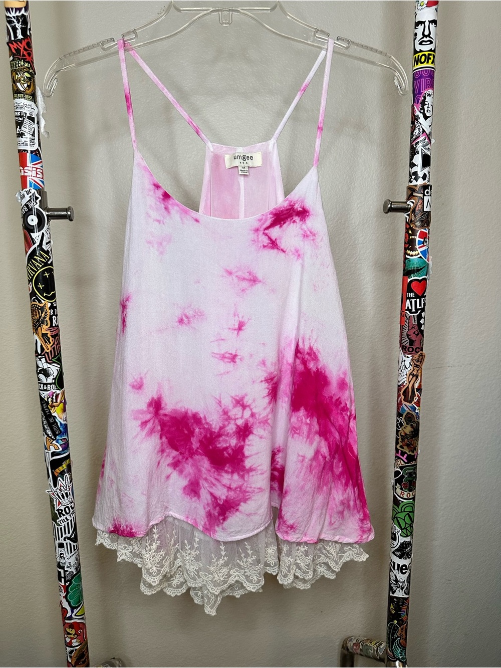 Umgee Pink and White Tie-Dye Lace-Trim Camisole